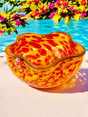 Hand Blown Glass Bowl Orange Yellow Scalloped Wavy Edges